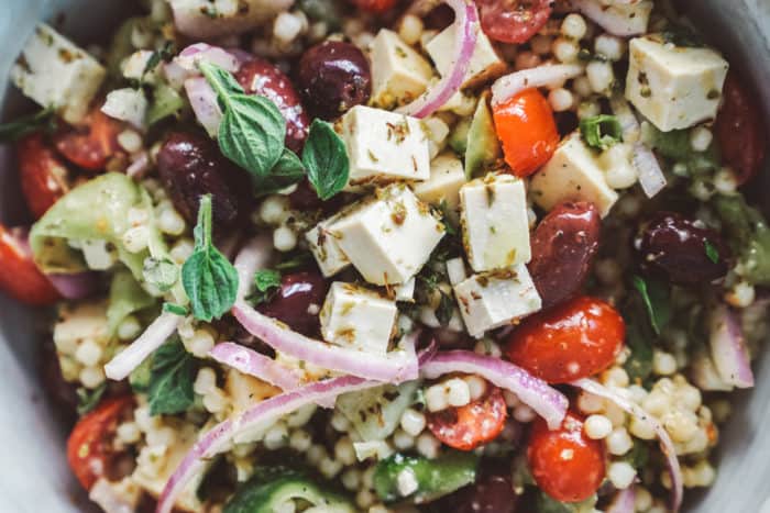 Pearl Couscous Greek Salad with Tofu Feta