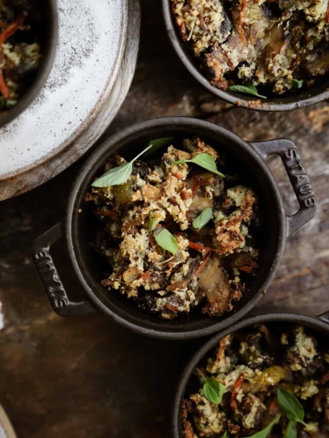 gluten-free stuffing in mini pots on counter.