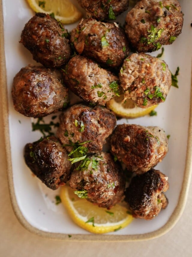 Close up of Greek meatball recipe on platter