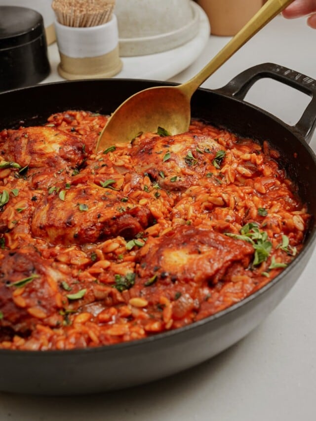 Chicken and orzo with a spoon in the dish