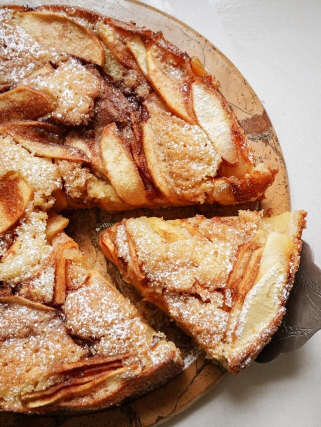 Close up of a slice of Greek apple cake