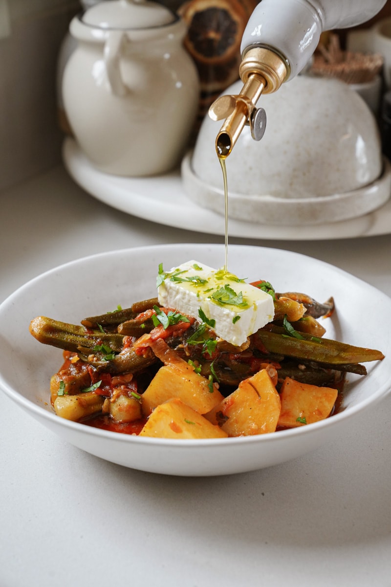 Okra stew in a white bowl