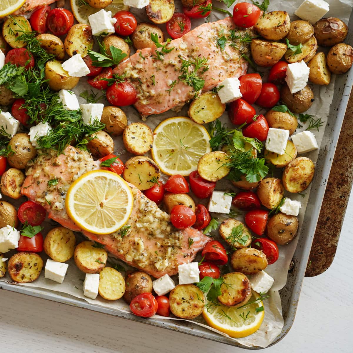 Greek Lemon Garlic Sheet Pan Salmon with Potatoes