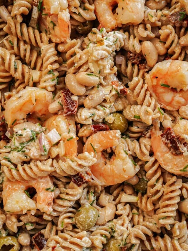 Close up of shrimp pasta salad