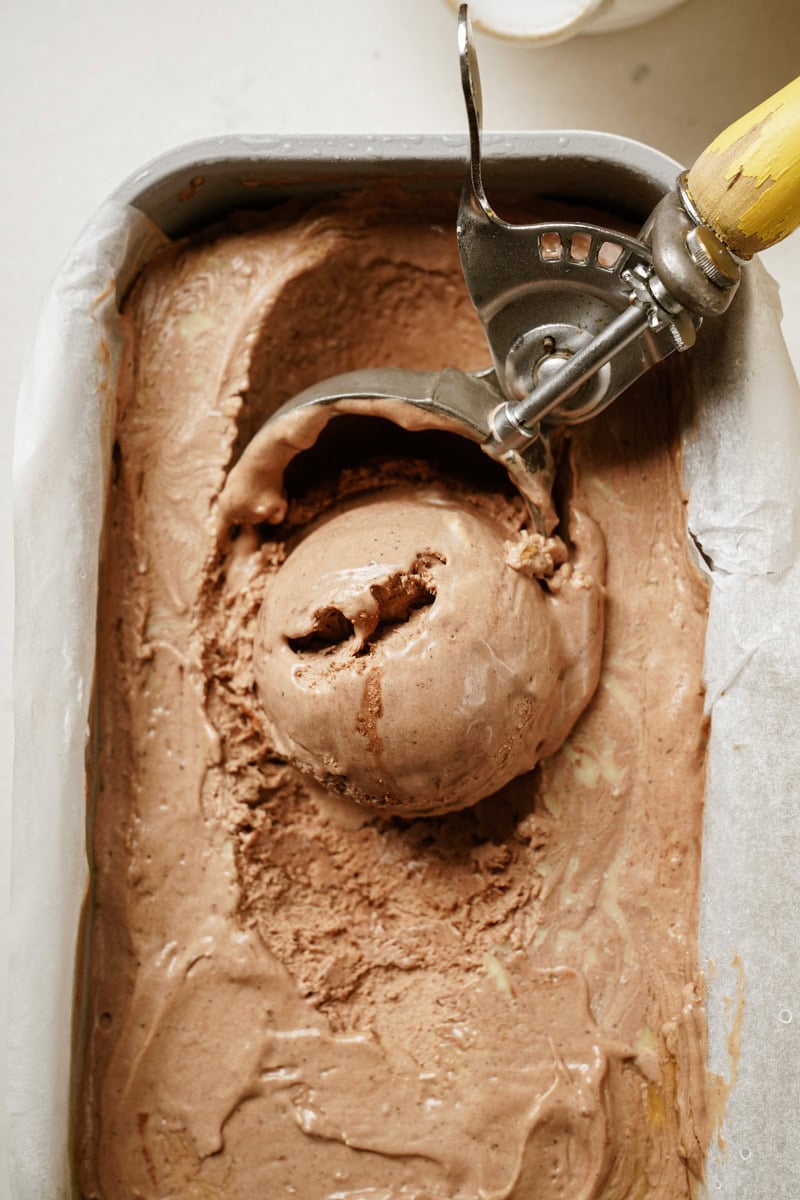 Close up of chocolate ice cream being scooped