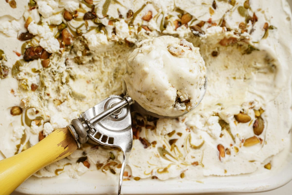 Pistachio ice cream being scooped