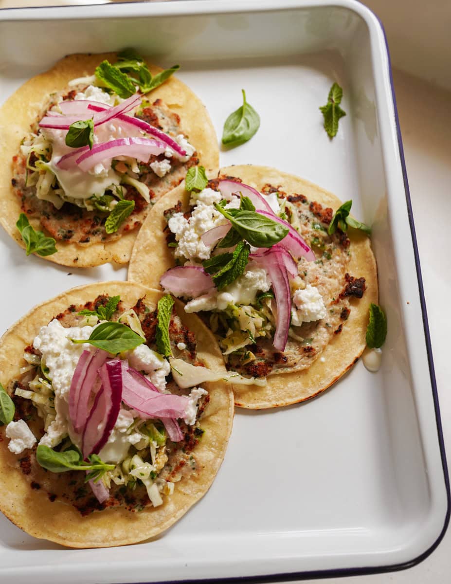 Smashed Burger Tacos on a tray