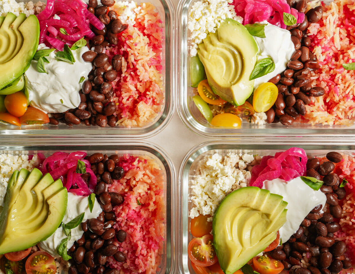 Chicken rice bowls in meal prep containers