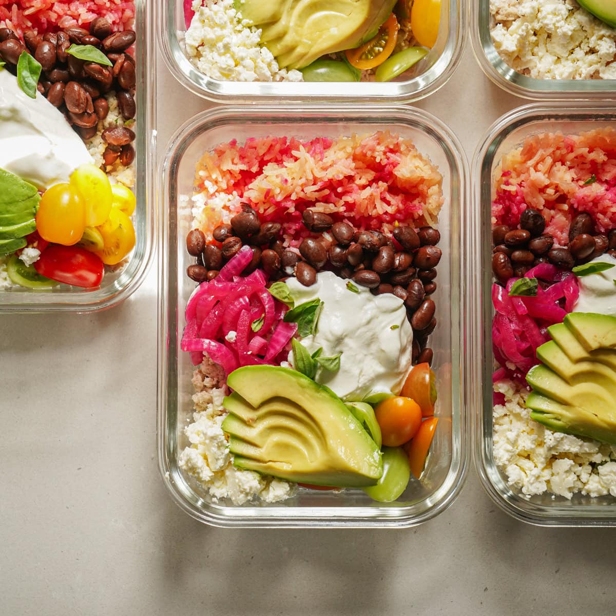 Chicken rice bowls on a counter