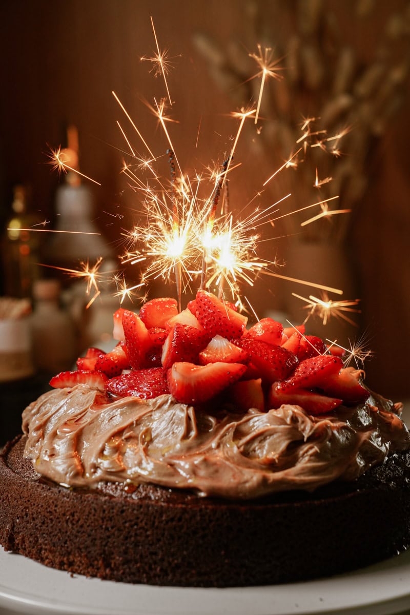 Chocolate olive oil cake with sparkler on top