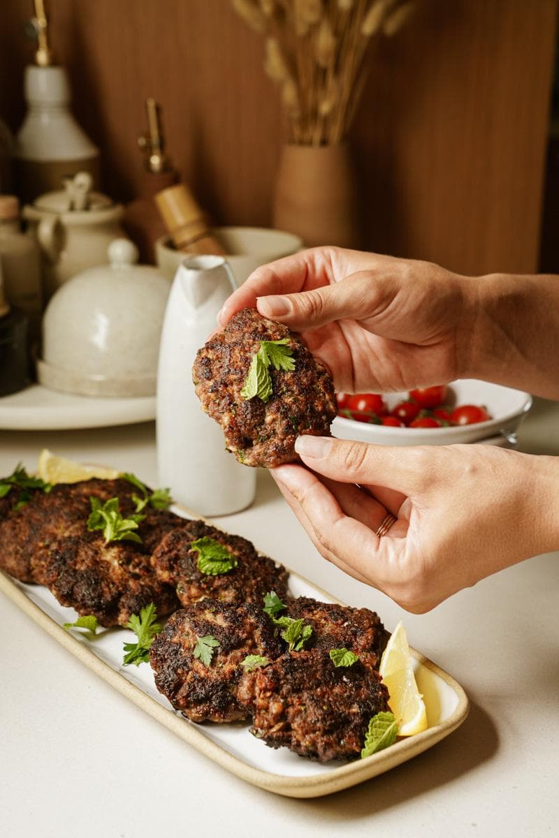 Greek burgers with one being held by a pair of hands