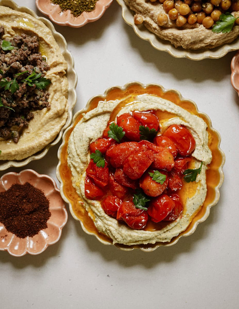 Close up of hummus toppings