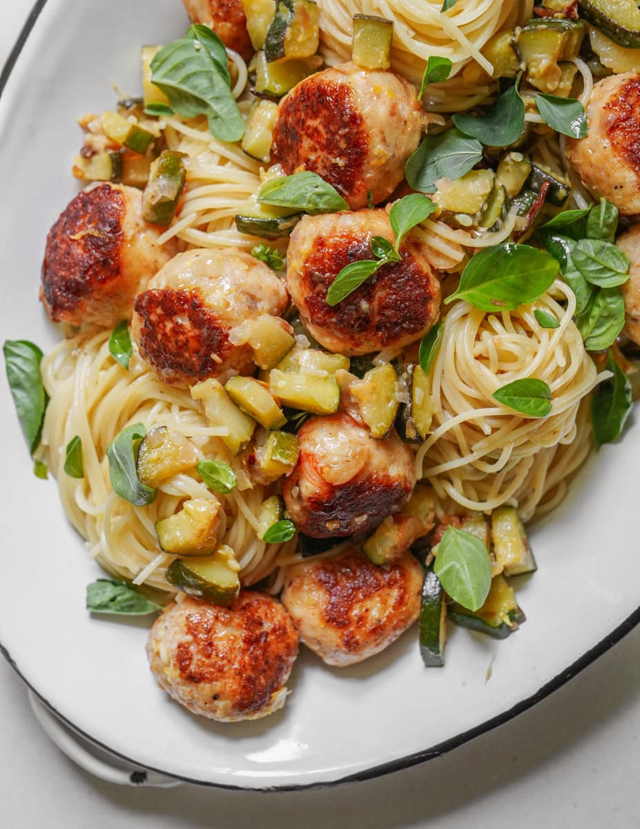 Plate of shrimp balls and pasta