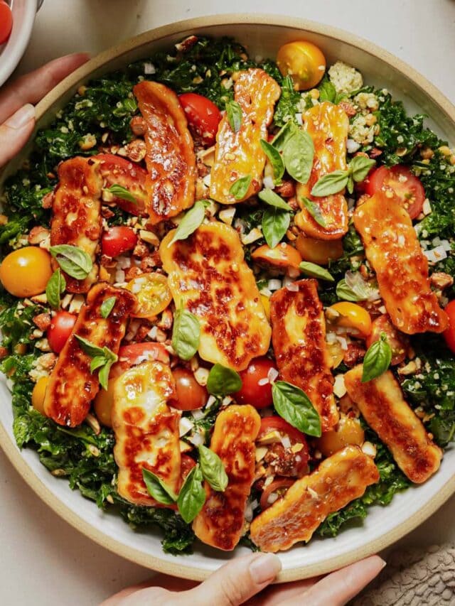 Close up of halloumi salad on a counter