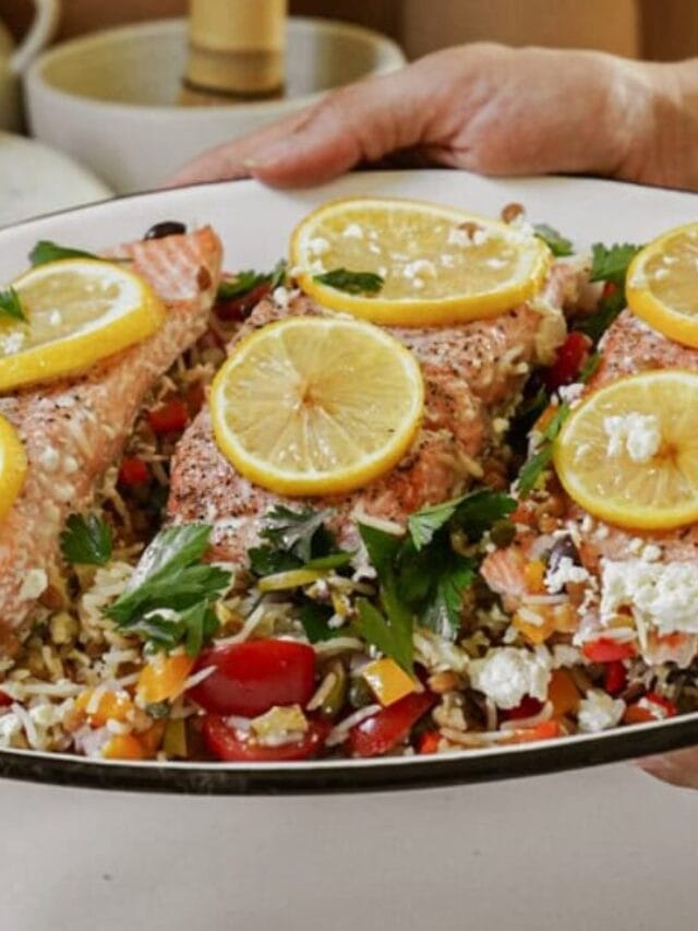 Oven baked rice and trout on a platter