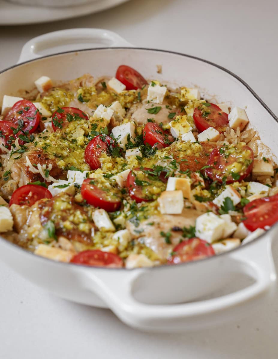 Oven Baked Chicken and Rice in a casserole dish