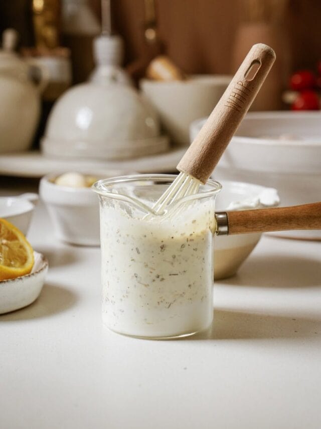 A small glass jar filled with greek yoghurt marinade and herbs sits on a kitchen counter. A whisk with a wooden handle is resting in the jar. In the background, there are white bowls and a lemon slice on a dish.