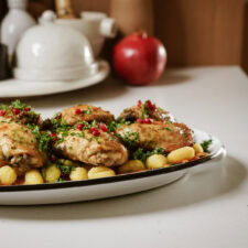 A plate of roasted chicken thighs garnished with red seeds and herbs, served on a bed of gnocchi. In the background, a pomegranate and a kitchen item are partially visible on a countertop.